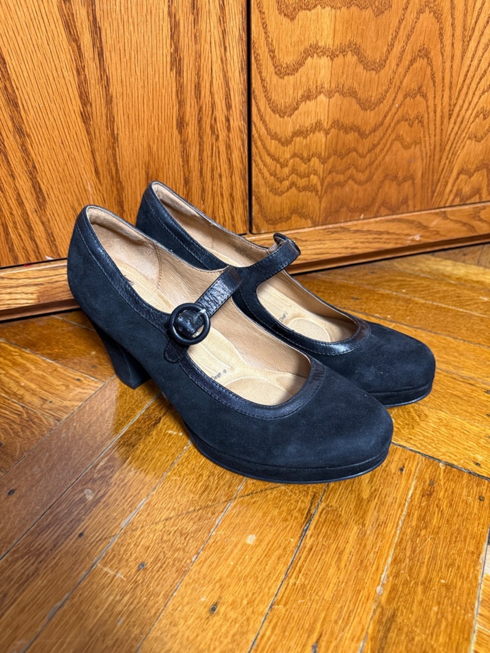Sofft Black Suede Mary Jane Heels with Round Buckle